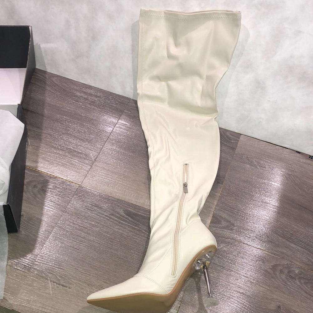 Fashion Nova Estele Stretch Cream Over the Knee Boots High Heel New